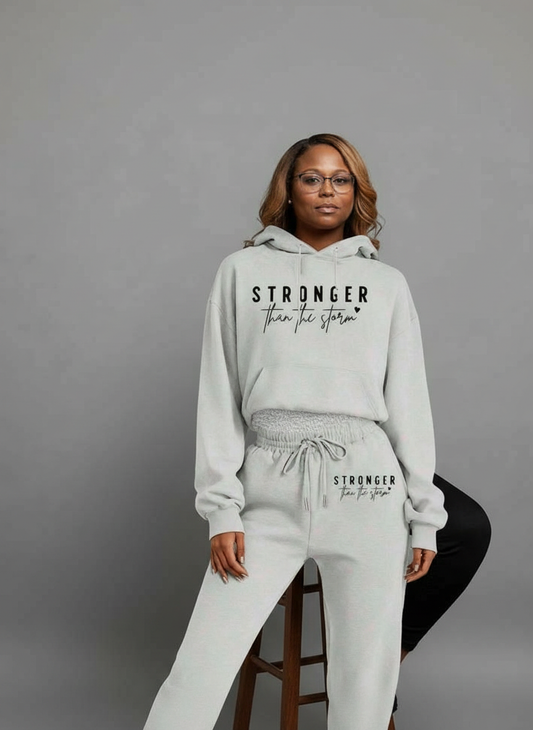 - 'Stronger Than The Storm' Letter Print Hoodie, White, Loose Fit With Pockets,