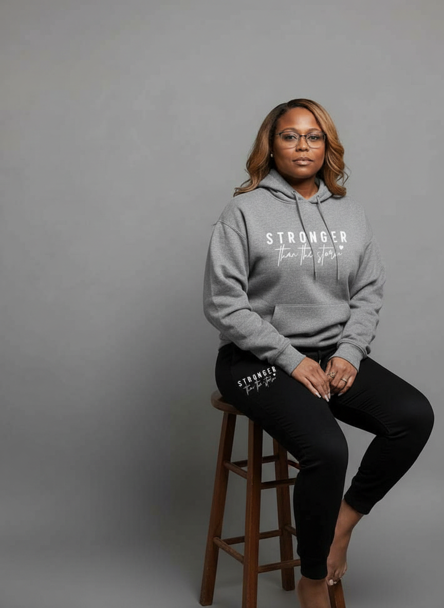 - 'Stronger Than The Storm' Letter Print Hoodie, White, Loose Fit With Pockets,