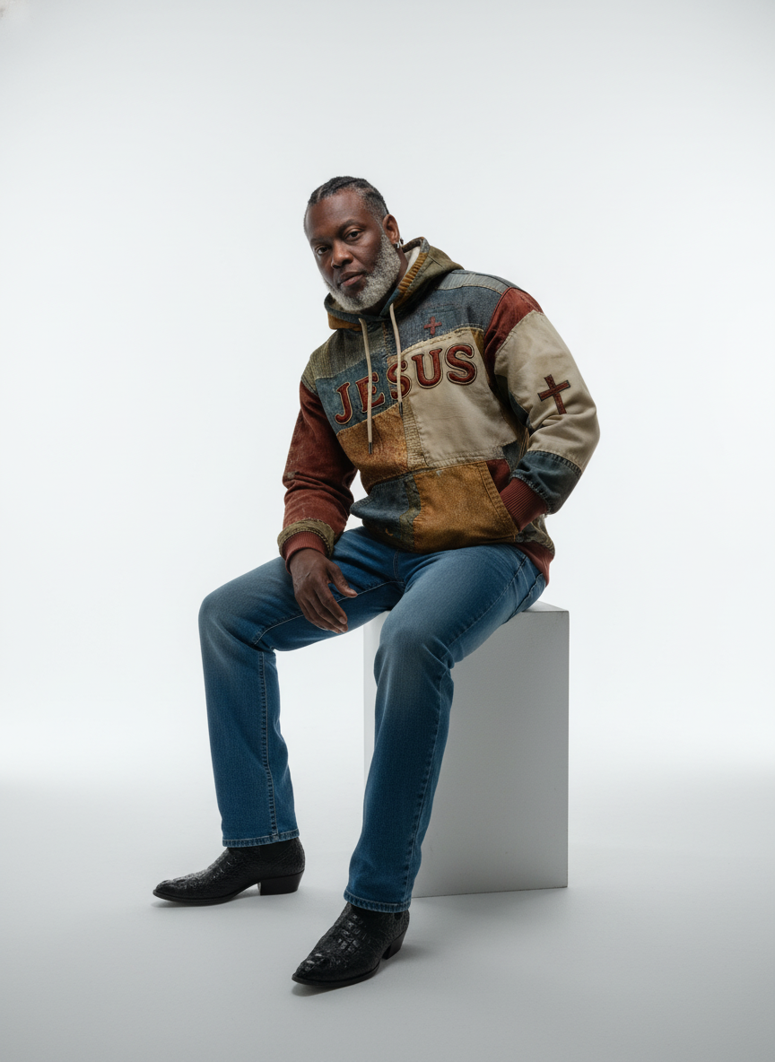 Men's Artistic Retro Patchwork Print Hoodie,