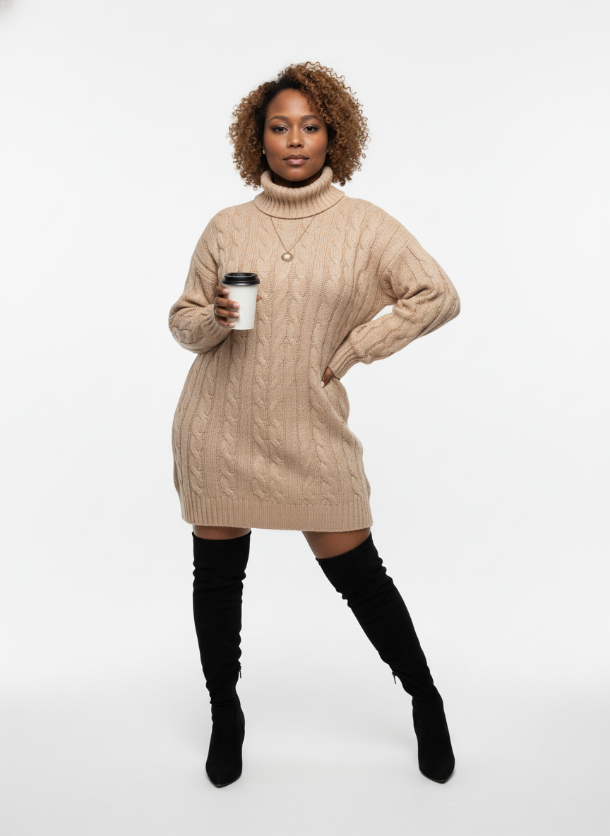 Women Solid Color Turtleneck Sweater Dress Fall Winter